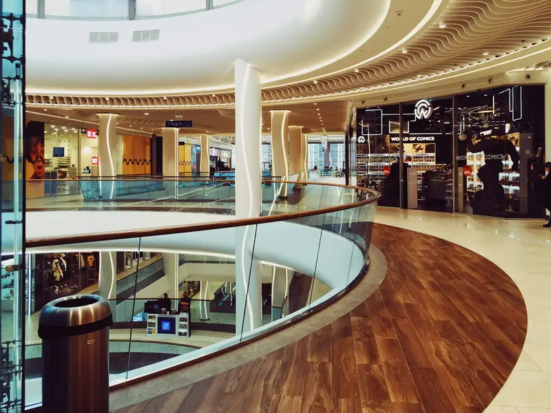 The atrium of a bright shopping centre