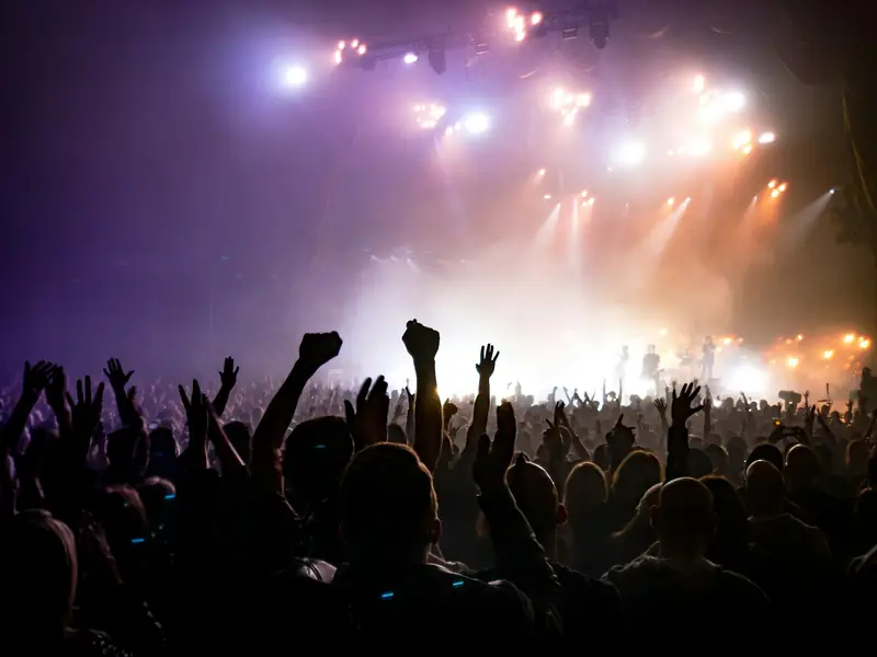 A crowd cheering at a concert