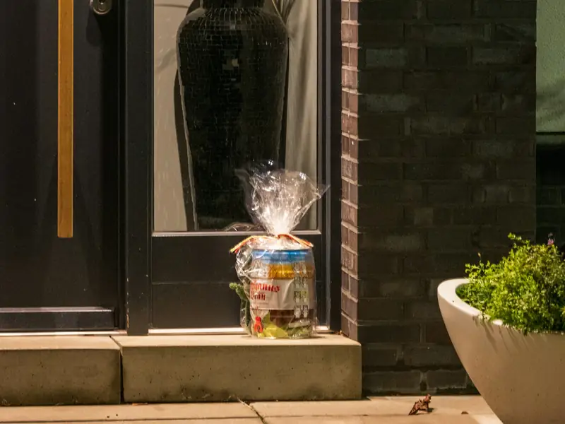 A gift parcel waiting at a front door