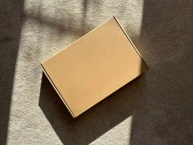 A plain kraft shipping box in the sunlight