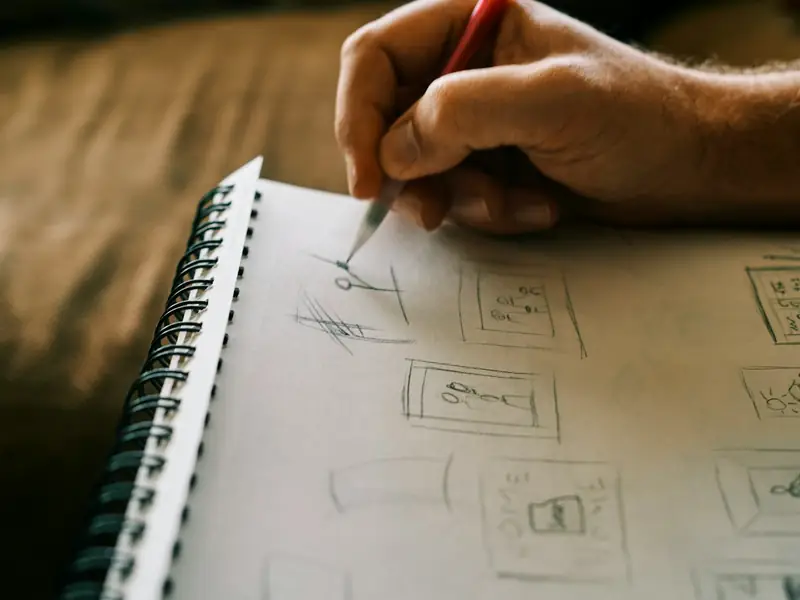 A designer sketching layouts in a notebook
