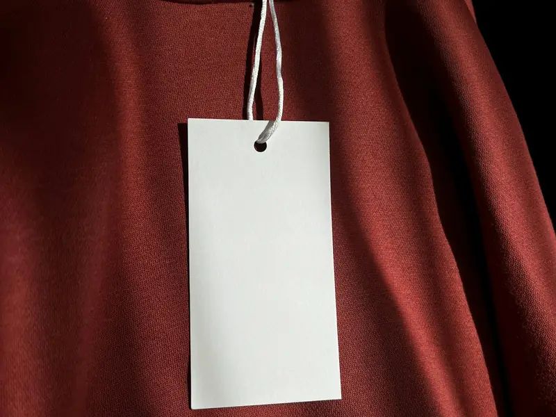 A blank price tag hanging from a sweater