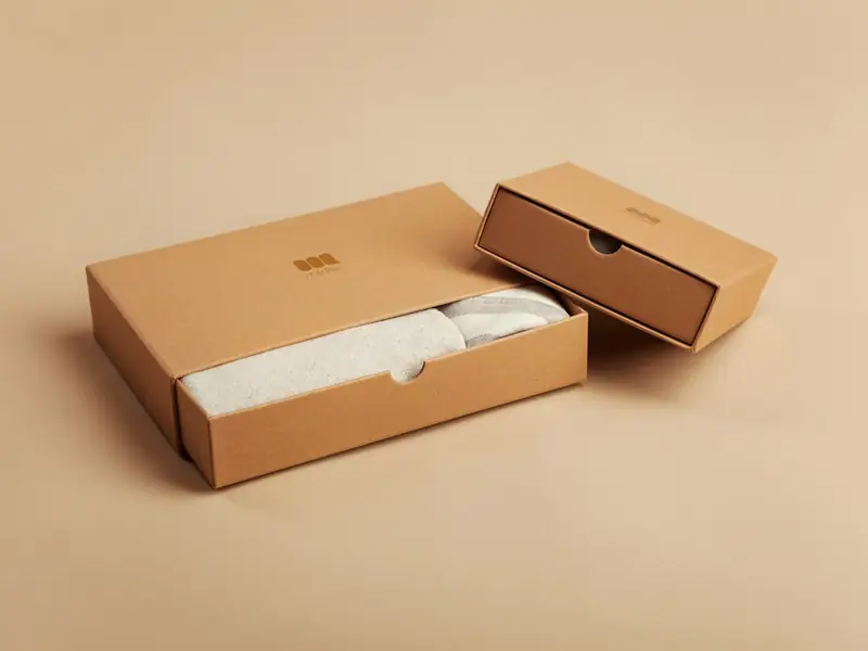 A kraft-paper product box with its lid open