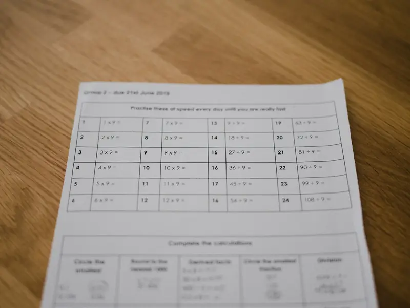 A maths worksheet on a desk